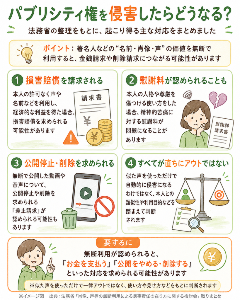 パブリシティ権を侵害したらどうなるかをまとめた図解。主な対応として、損害賠償を請求される、慰謝料が認められることがある、公開停止や削除を求められる、すべてが直ちにアウトではなく類似性や利用目的などを踏まえて判断される、の4点を紹介している。