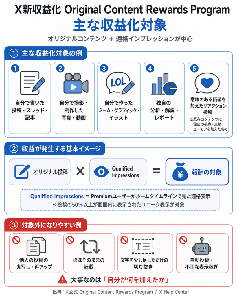 Xの新収益化制度「Original Content Rewards Program」の主な収益化対象をまとめた縦長の図解。上部に「オリジナルコンテンツ+適格インプレッションが中心」とあり、主な収益化対象の例として「自分で書いた投稿・スレッド・記事」「自分で撮影・制作した写真・動画」「自分で作ったミーム・グラフィック・イラスト」「独自の分析・解説・レポート」「意味のある価値を加えたリアクション投稿」を紹介。中央では「オリジナル投稿 × Qualified Impressions = 報酬の対象」と説明し、Qualified ImpressionsはPremiumユーザーがホームタイムラインで見た適格表示で、投稿の50%以上が画面内に表示されたユニーク表示が対象と記載。下部には対象外になりやすい例として「他人の投稿の丸写し・再アップ」「ほぼそのままの転載」「文字を少し足しただけの切り抜き」「自動投稿・不正な表示稼ぎ」を掲載し、最後に「大事なのは『自分が何を加えたか』」とまとめている。
