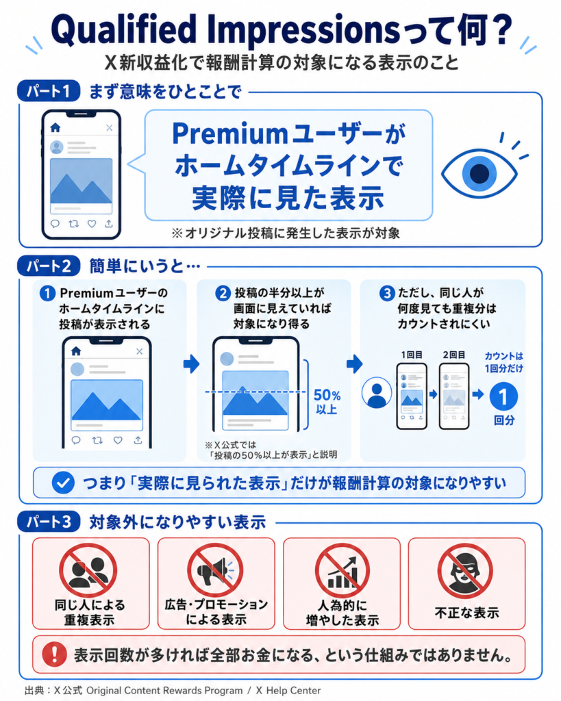「Qualified Impressionsって何?」というタイトルの縦長図解。X新収益化で報酬計算の対象になる表示について解説している。上部では「Premiumユーザーがホームタイムラインで実際に見た表示」と説明。中段では、1)Premiumユーザーのホームタイムラインに投稿が表示される、2)投稿の半分以上が画面に見えていれば対象になり得る、3)同じ人が何度見ても重複分はカウントされにくい、という3ステップで説明している。さらに「実際に見られた表示だけが報酬計算の対象になりやすい」とまとめている。下段では対象外になりやすい例として「同じ人による重複表示」「広告・プロモーションによる表示」「人為的に増やした表示」「不正な表示」を挙げ、「表示回数が多ければ全部お金になる仕組みではない」と注意書きがある。