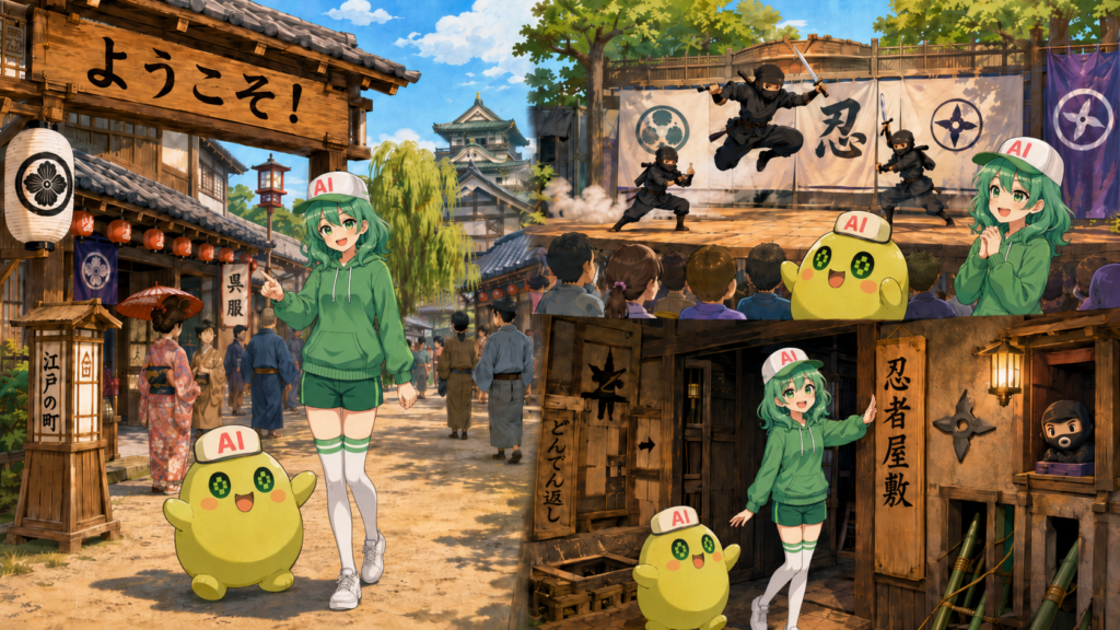 東映太秦映画村を楽しむ様子を描いたイラスト。緑髪の女の子と黄緑色のAIマスコットが、江戸の町並みを歩き、忍者ショーを見学し、忍者屋敷を巡っている。左上には「ようこそ!」の看板があり、右下には「忍者屋敷」の入口が描かれている。
