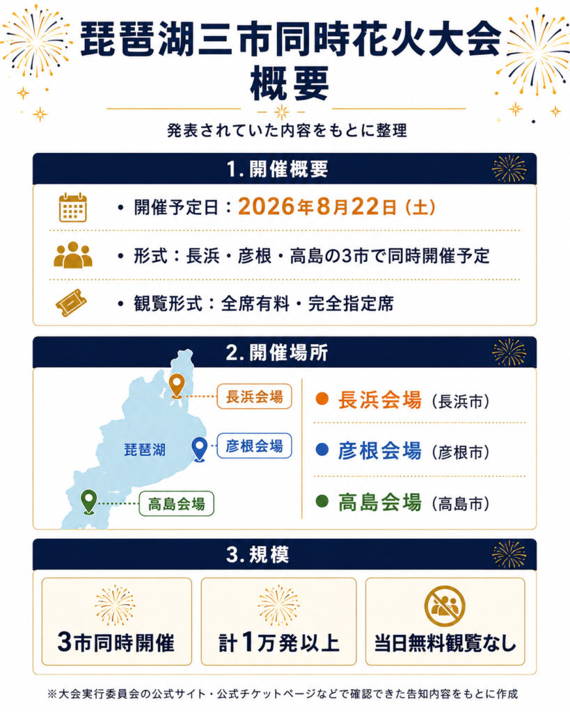 琵琶湖三市同時花火大会の概要をまとめた図解。開催予定日は2026年8月22日、長浜・彦根・高島の3市で同時開催予定、全席有料・完全指定席。開催場所は長浜会場、彦根会場、高島会場で、計1万発以上、当日無料観覧なしと案内されていた内容を示している。