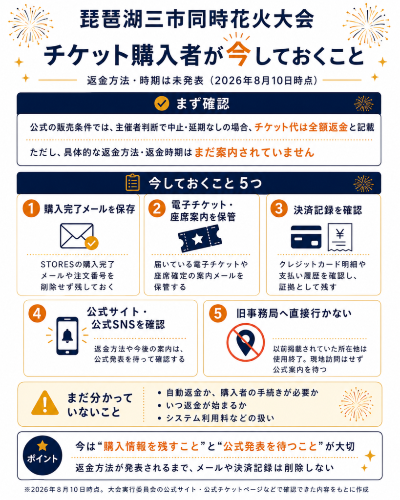 琵琶湖三市同時花火大会のチケット購入者向け図解。主催者判断で中止・延期なしの場合はチケット代が全額返金とされる一方、返金方法や時期は未発表と説明。今しておくこととして、購入完了メールを保存、電子チケットや座席案内を保管、決済記録を確認、公式サイトや公式SNSを確認、旧事務局へ直接行かない、の5点を示している。