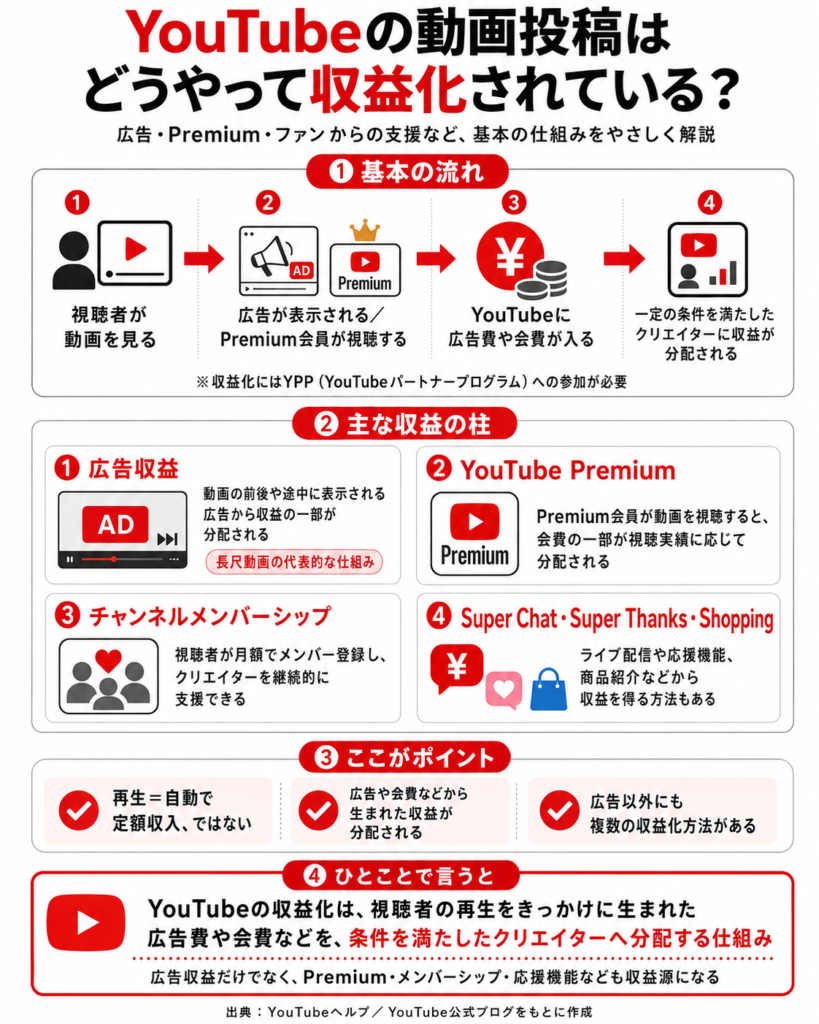 YouTubeの動画投稿がどのように収益化されるかを説明した図解。視聴者が動画を見ると広告表示やYouTube Premiumの視聴などからYouTubeに広告費や会費が入り、条件を満たしたクリエイターへ収益が分配される流れを示している。主な収益源として、広告収益、YouTube Premium、チャンネルメンバーシップ、Super Chat・Super Thanks・Shoppingを紹介し、「再生されるだけで自動的に定額収入になるわけではない」と補足している。