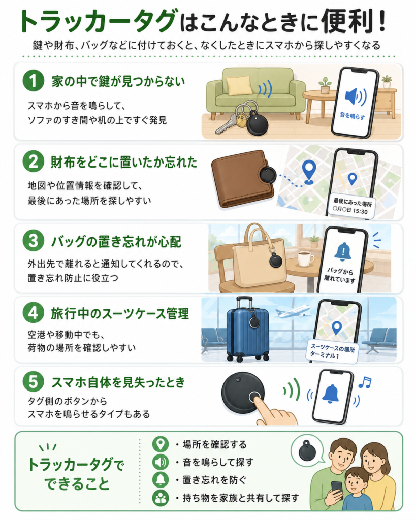 トラッカータグの便利な使い方を紹介する図解。家の中で鍵が見つからないとき、財布をどこに置いたか忘れたとき、バッグの置き忘れが心配なとき、旅行中のスーツケース管理、スマホ自体を見失ったときの5例を、イラスト付きで説明している。下部には、場所確認、音を鳴らして探す、置き忘れ防止、家族と共有して探すといった機能もまとめられている。