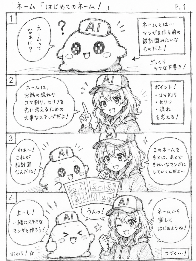 シンナモと緑髪の女の子が登場する4コマ形式の漫画ネーム風イラスト。ネームの意味やコマ割り、セリフについて説明している。