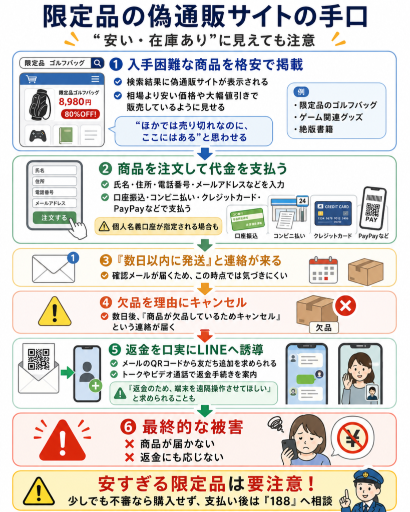限定品の偽通販サイトの手口を説明する図解。1. 入手困難な商品を格安で掲載し、検索結果から誘導。例として限定品のゴルフバッグ、ゲーム関連グッズ、絶版書籍。2. 氏名・住所・電話番号・メールアドレスを入力して注文し、口座振込、コンビニ払い、クレジットカード、PayPayなどで支払う。3. 「数日以内に発送」と連絡が来る。4. 後日、「欠品」を理由にキャンセルされる。5. 返金を口実にLINEへ誘導され、トークやビデオ通話で手続きを案内される。遠隔操作を求められることもある。6. 最終的に商品は届かず、返金にも応じない。下部には「安すぎる限定品は要注意。少しでも不審なら購入せず、支払い後は188へ相談」と注意書きがある。