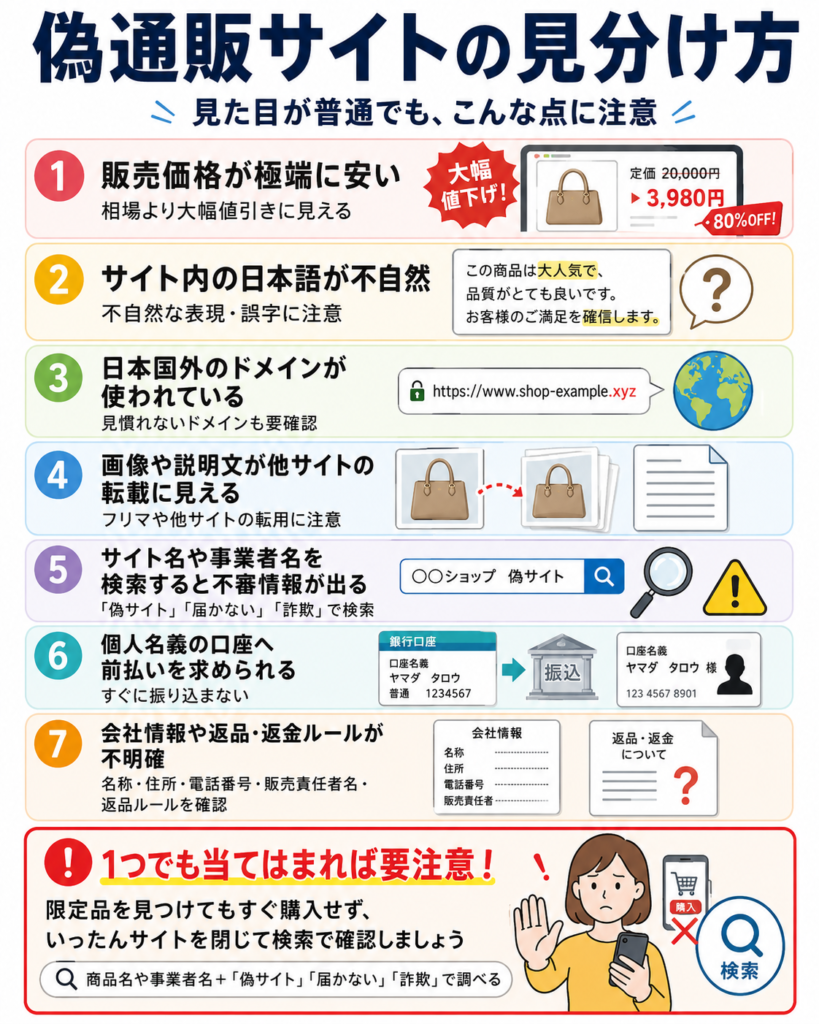 偽通販サイトの見分け方をまとめた図解。タイトルは「偽通販サイトの見分け方」、副題は「見た目が普通でも、こんな点に注意」。注意点は7つあり、1. 販売価格が極端に安い、2. サイト内の日本語が不自然、3. 日本国外のドメインが使われている、4. 画像や説明文が他サイトの転載に見える、5. サイト名や事業者名を検索すると不審情報が出る、6. 個人名義の口座へ前払いを求められる、7. 会社情報や返品・返金ルールが不明確。下部には「1つでも当てはまれば要注意!」とあり、限定品を見つけてもすぐ購入せず、いったんサイトを閉じて「偽サイト」「届かない」「詐欺」などの言葉を加えて検索するよう呼びかけている。