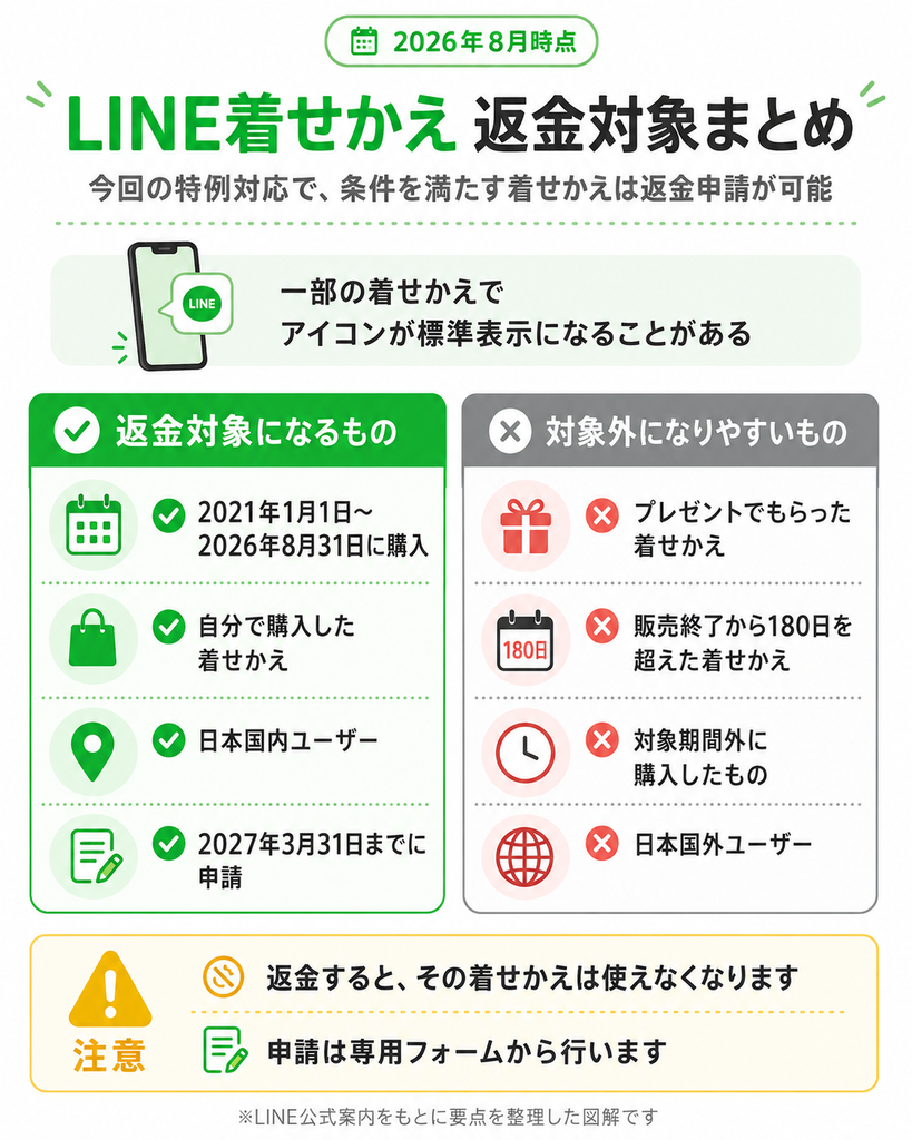 LINE着せかえの返金対象条件をまとめた図解。返金対象は2021年1月1日〜2026年8月31日に自分で購入した着せかえ、日本国内ユーザー、2027年3月31日までの申請。プレゼントされた着せかえや販売終了から180日を超えた着せかえなどは対象外。