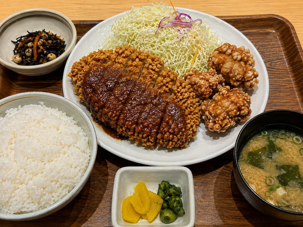みそカツと唐揚げ、ご飯、味噌汁、千切りキャベツ、小鉢、漬物が並ぶAI生成の定食画像。衣や料理表面が細かな粒状に強調され、不自然な質感になっている。
