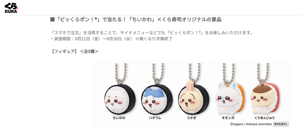 くら寿司×ちいかわコラボのビッくらポン景品一覧。ちいかわ、ハチワレ、うさぎ、モモンガ、くりまんじゅうのフィギュア5種と、缶バッジ8種、アクリルマグネット8種が掲載されている。