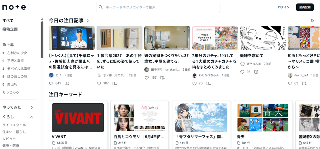 noteのトップページ画面。今日の注目記事や注目キーワード、検索欄、ログイン・会員登録ボタンなどが表示されている。