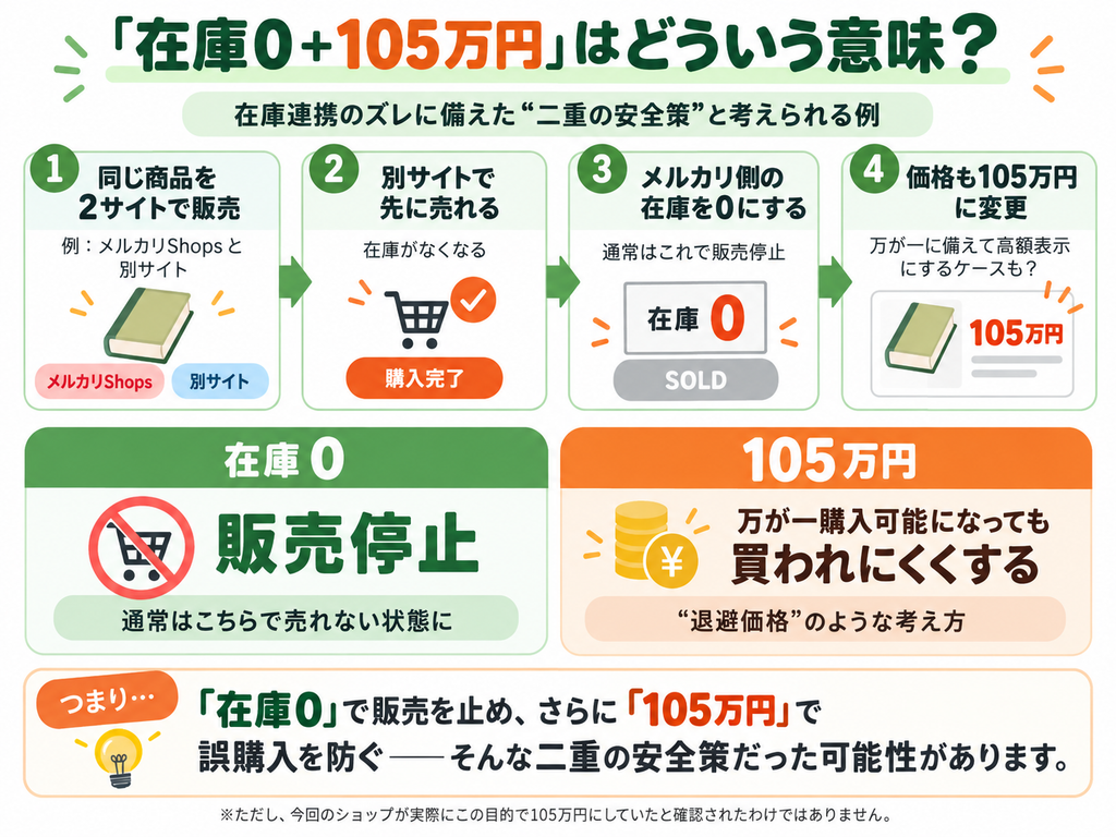 メルカリShopsと別サイトで同じ商品を販売し、別サイトで先に売れた場合に、メルカリ側の在庫を0にして販売停止し、さらに価格を105万円に変更することで誤購入を防ぐ「二重の安全策」の可能性を説明した図。今回のショップが実際にこの目的で105万円にしていたと確認されたわけではない。