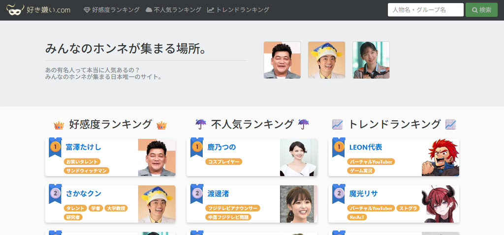 好き嫌い.comのトップページ画面。好感度ランキング、不人気ランキング、トレンドランキングや人物検索欄などが表示されている。