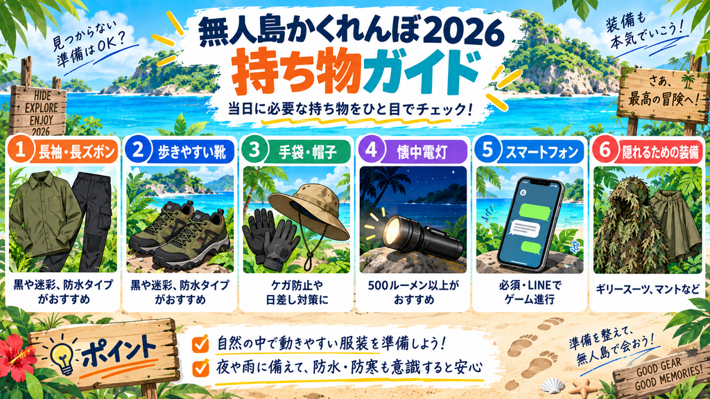 無人島かくれんぼ2026の持ち物ガイド図解。長袖・長ズボン、歩きやすい靴、手袋と帽子、500ルーメン以上推奨の懐中電灯、LINEでゲーム進行に使うスマートフォン、ギリースーツやマントなどの隠れるための装備を紹介している。