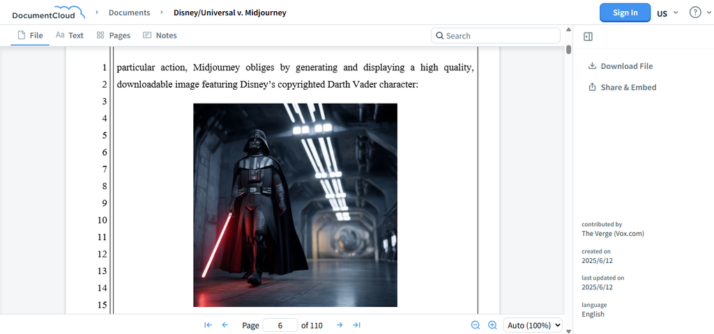 DocumentCloudで表示した訴状の6ページ目。黒い装甲とマントをまとい、赤いライトセーバーを持つダース・ベイダーの画像が掲載されている。