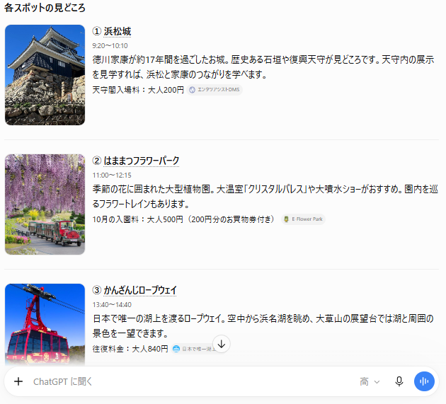 GPT-6が作成した浜松の日帰り観光ガイド。浜松城、はままつフラワーパーク、かんざんじロープウェイの写真とともに、各スポットの訪問時間、見どころ、料金が表示されている。