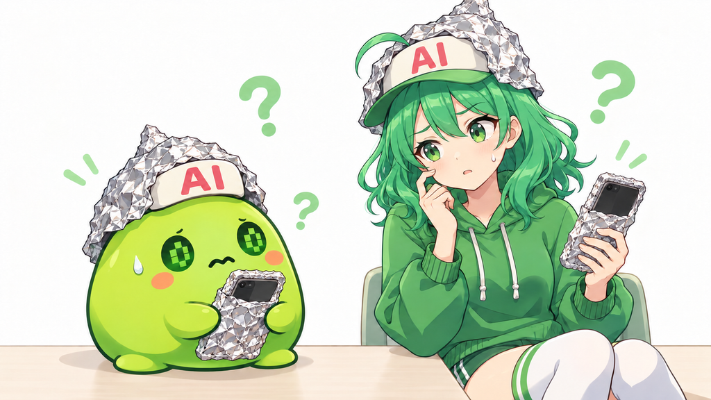 頭にアルミホイルをかぶった緑色のスライム「シンナモ」と緑髪の女の子が、アルミホイルで包んだスマホを手に持ち、困惑しているイラスト。